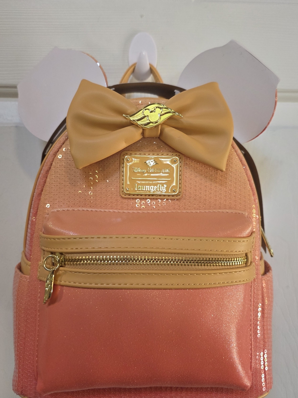 Disney Cruise Line Loungefly Coral & Tan Bow Sequin Mini Backpack NWT